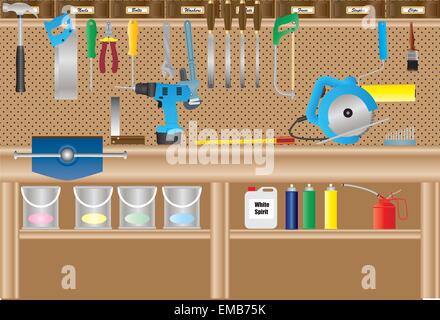 A Workbench with Cordless Drill, Circular Saw, Hand tools, Paint Cans, Paint Brush, Paint Roller, Aerosols,hacksaw, Oil Can,Vice, Drill Bits. Stock Vector