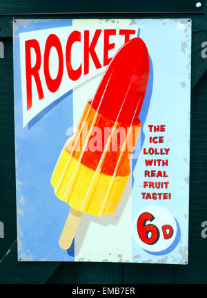 Retro tin sign for ice rocket lolly, Rye, Sussex, UK Stock Photo