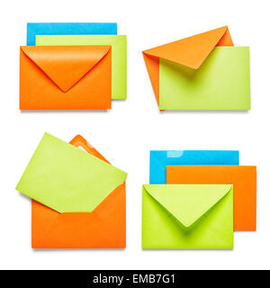 Orange envelopes with green card collection isolated on white background Stock Photo