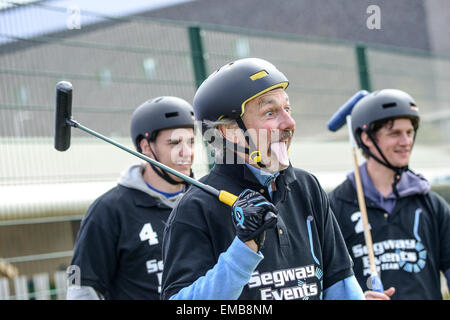 Rugby, Warwickshire, UK. 19th April, 2015. A player for the Segway Events team with a novelty tounge attachment. The first International UK Segway Polo tournament, held at Rugby College, Rugby, Warwickshire, UK. Credit:  Jamie Gray/Alamy Live News Stock Photo