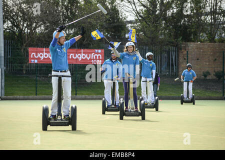 Rugby, Warwickshire, UK. 19th April, 2015. Olympic gold medallist Amy Williams playing for the Barbados team.  The first International UK Segway Polo tournament, held at Rugby College, Rugby, Warwickshire, UK. Credit:  Jamie Gray/Alamy Live News Stock Photo