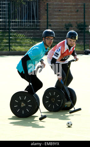 Rugby, Warwickshire, UK. 19th April, 2015. Players compete in the first ever international Segway Polo tournament to be held in the UK. Teams from Europe as well as Barbados took part. Amongst the UK teams was one from the BBC TV Click programme. A guest player in the Barbados team was Amy Williams, the Winter Olympics Great Britain gold medallist. Credit:  Colin Underhill/Alamy Live News Stock Photo