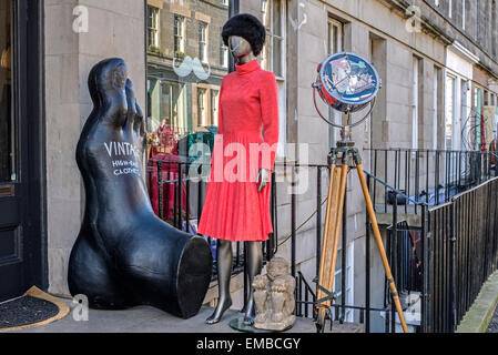 An eclectic display of fashion and objects outside a vintage clothes shop on St Stephen Street, Edinburgh, Scotland, UK. Stock Photo