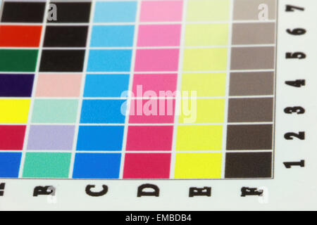 Close-up of a a cmyk test print with many color squares. Side view ...
