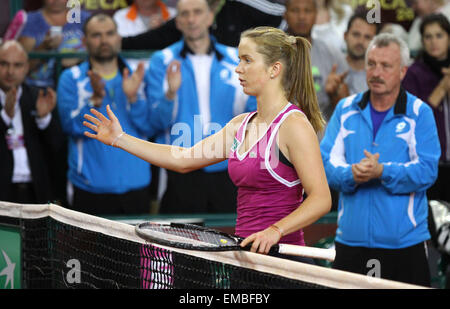 KYIV, UKRAINE - APRIL 21, 2013: Elina Svitolina of Ukraine reacts after BNP Paribas FedCup game against Sharon Fichman of Canada on April 21, 2013 in Kyiv, Ukraine Stock Photo