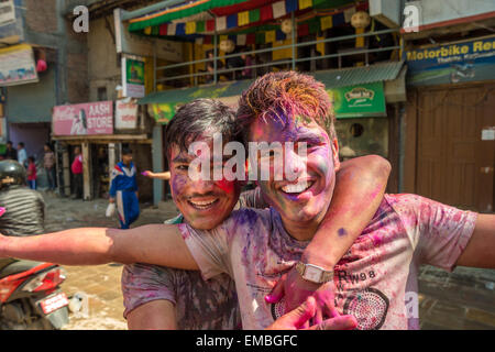 Two friends celebrating holi festival in Kathmandu Stock Photo