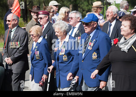 centenary ANZAC march along pittwater road,warriewood,sydney attended by defence personnel, eergency services and veterans Stock Photo
