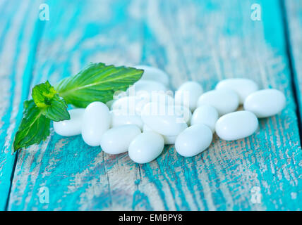 mint candy with mint leaf on a table Stock Photo