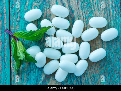 mint candy with mint leaf on a table Stock Photo