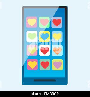 Modern phone smartphone with multi-colored hearts on Valentines Day screen Stock Vector