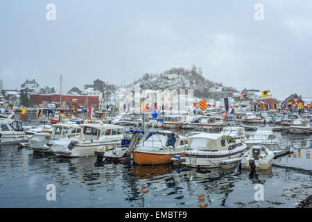 fishing, norway, boat, lofoten, norwegian, village, harbor, water, sea, fjord, north, landscape, winter, red, sky, scandinavia, Stock Photo