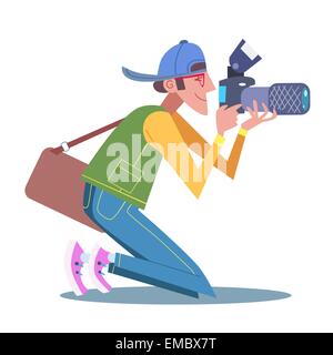 Tourist photographer journalist is on his knees and taking pictures. Photography work in the media blogger Stock Vector