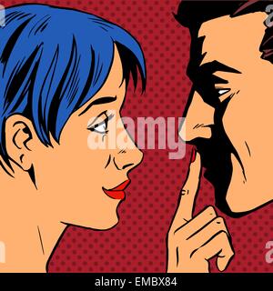Stop the woman invites the man to stay put a finger to his lips. Pop art vintage comic. Gossip and rumors talk about love. Retro Stock Vector