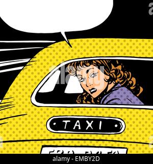 A woman goes to taxi looks around separation anxiety love maniac pop art comics retro style Halftone. Imitation of old illustrat Stock Vector