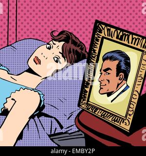 The woman in the bed next photo men wife husband pop art comics retro style Halftone. Imitation of old illustrations. Anxiety, s Stock Vector