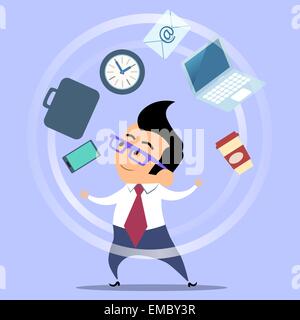 Office worker planning time juggler businessman. The man in glasses and a suit juggles coffee smartphone portfolio email watch t Stock Vector