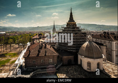 Italy Piedmont Turin View of Turin dome of Guarini and Mole in Background Stock Photo