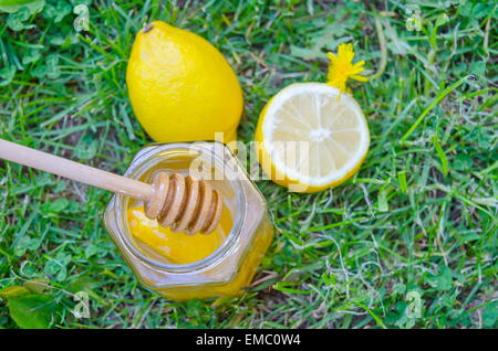 Jar of honey, dipper, lemon and dandelions in the grass Stock Photo