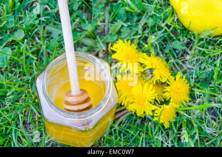 Jar of honey, dipper, lemon and dandelions in the grass Stock Photo