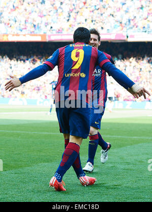 Luis Suarez (FC Barcelona) celebrates with his teammate Lionel Messi (FC Barcelona) after scorig, during La Liga soccer match between FC Barcelona and Valencia CF, at the Camp Nou stadium in Barcelona, Spain, saturday april 18, 2015. Foto: S.Lau Stock Photo