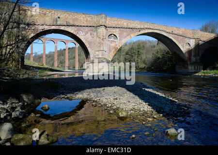 Drygrange Bridge and the Leaderfoot Viaduct crossing the River Tweed near Melrose in the Scottish Borders Stock Photo
