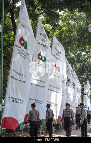 Jakarta, Indonesia. 20th Apr, 2015. Soldiers stand guard outside the Jakarta Convention Center in Jakarta, Indonesia, April 20, 2015. Thousands of soldiers and security force members work for the safety of the Asian-African Conference Commemoration 2015. Credit:  Lui Siu Wai/Xinhua/Alamy Live News Stock Photo