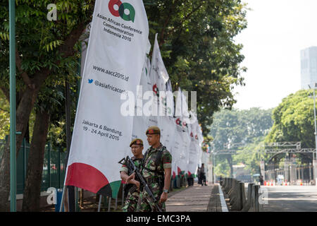 Jakarta, Indonesia. 20th Apr, 2015. Soldiers stand guard outside the Jakarta Convention Center in Jakarta, Indonesia, April 20, 2015. Thousands of soldiers and security force members work for the safety of the Asian-African Conference Commemoration 2015. Credit:  Lui Siu Wai/Xinhua/Alamy Live News Stock Photo