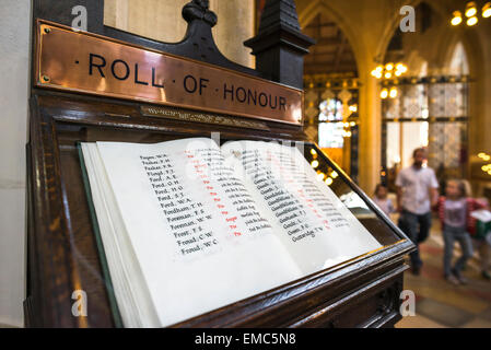 Roll of honour church, view of a wartime roll of honour displayed in St Edmundsbury cathedral, Bury St Edmunds, Suffolk, UK Stock Photo