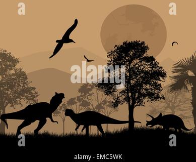 Dinosaurs silhouettes in beautiful landscape Stock Vector