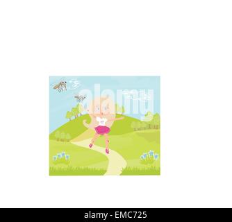 girl runs away from mosquitoes Stock Vector