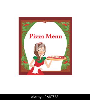 smiling waitress serving pizza , menu card Stock Vector