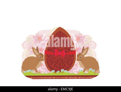 chocolate egg with red bow and two beautiful rabbits Stock Vector