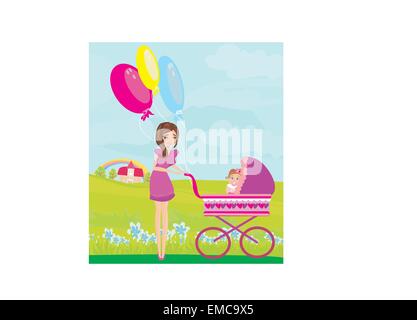 beautiful girl pushing a stroller with her daughter Stock Vector