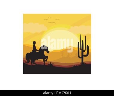 silhouette of a man ride a horse during sunset Stock Vector