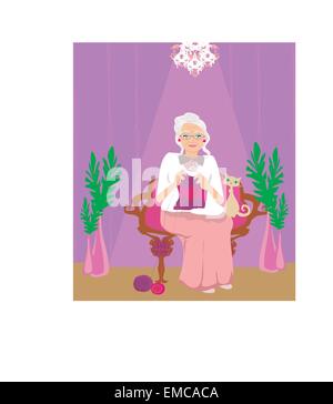 Old lady knitting on the chair illustration Stock Vector Image & Art ...