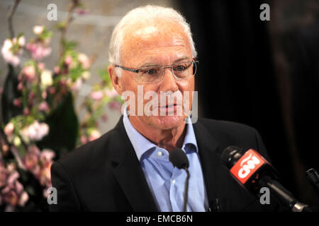 The New York Cosmos legend Franz Beckenbauer lights the Empisre State Building 'Cosmos green' to launch and celebrate the start of the team's 2015 spring season. New York, 17.04.2015/picture alliance Stock Photo