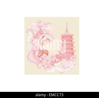 Japanese koi and ancient building background Stock Vector