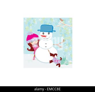 cute girl making snowman Stock Vector