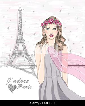 Girl near Eiffel tower. Hand drawn Paris postcard Stock Vector