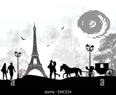 Carriage and lovers in Paris Stock Vector