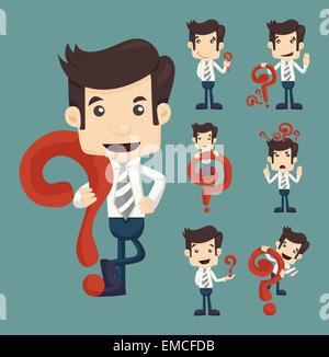 Set of businessman characters poses with question marks Stock Vector