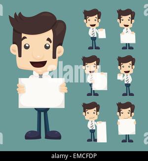 Set of businessman holding blank notes characters poses Stock Vector