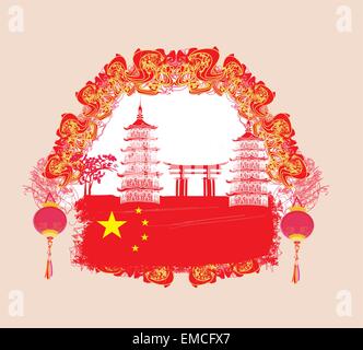 Chinese New Year card - Traditional lanterns and Asian buildings Stock Vector