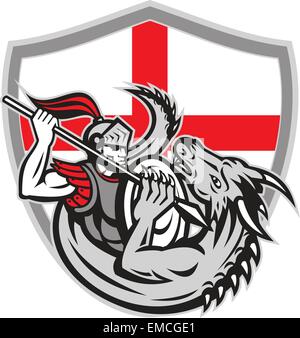 English Knight Fighting Dragon England Flag Shield Retro Stock Vector