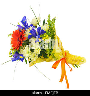 Flower bouquet from multi colored gerbera, iris and other flowers isolated on white background. Closeup. Stock Photo