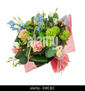 Flower bouquet from multi colored roses, iris and other flowers isolated on white background. Closeup. Stock Photo