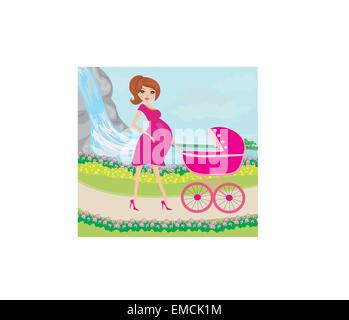 beautiful pregnant woman pushing a stroller with her daughter Stock Vector