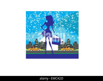 A vector illustration of a woman shopping at night Stock Vector