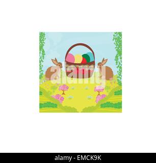 Greeting Card with Easter rabbits and basket with eggs Stock Vector