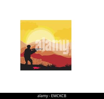 Silhouette  of soldier holding gun Stock Vector